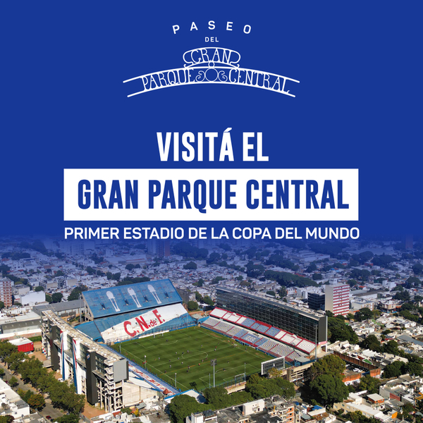 Afiche con vista aérea del estadio Gran Parque Central y el mensaje: “Visitá el Gran Parque Central, primer estadio de la Copa del Mundo”