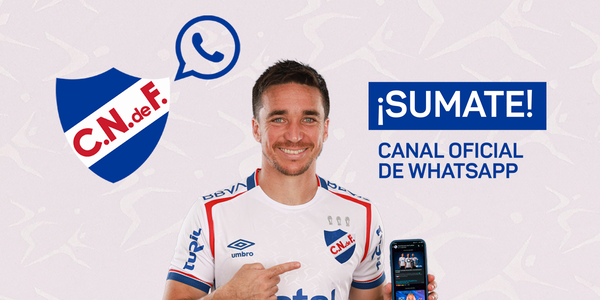 Jugador de Nacional invita a sumarse al canal oficial de WhatsApp del club, mostrando el logo y un celular