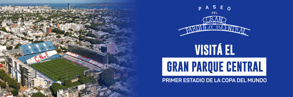 Afiche con vista aérea del estadio Gran Parque Central y el mensaje: “Visitá el Gran Parque Central, primer estadio de la Copa del Mundo”