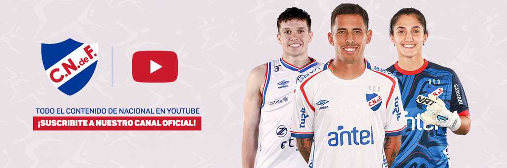 Tres jugadores de Nacional posan junto al logo de YouTube y el mensaje: “Suscribite a nuestro canal oficial”