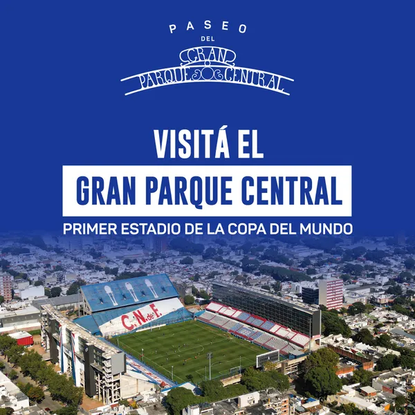 Afiche con vista aérea del estadio Gran Parque Central y el mensaje: “Visitá el Gran Parque Central, primer estadio de la Copa del Mundo”