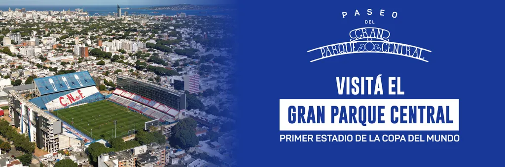 Afiche con vista aérea del estadio Gran Parque Central y el mensaje: “Visitá el Gran Parque Central, primer estadio de la Copa del Mundo”