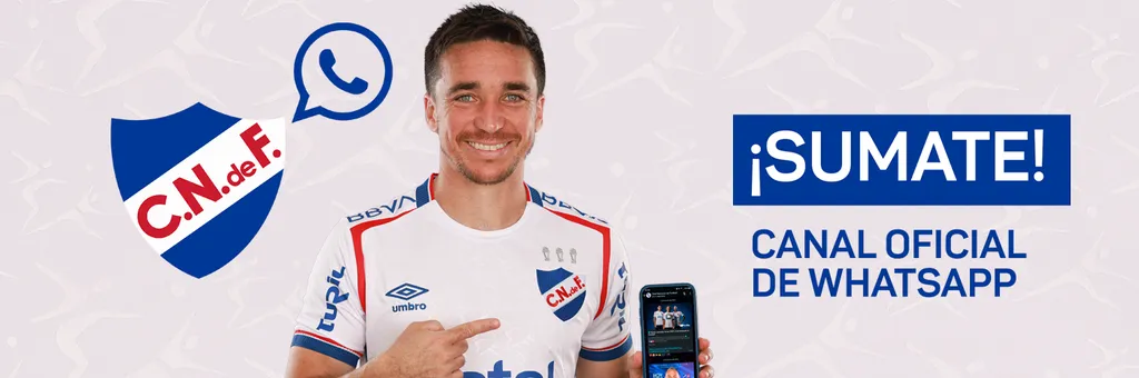 Jugador de Nacional invita a sumarse al canal oficial de WhatsApp del club, mostrando el logo y un celular