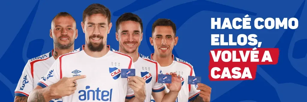 Cuatro jugadores de Nacional con la camiseta oficial muestran la tarjeta de socio junto al lema “Hacé como ellos, volvé a casa”